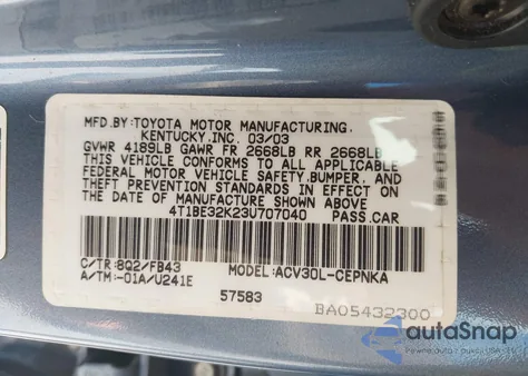 2003 Toyota Camry Le из США, поврежденный, VIN 4T1BE32K23U707040